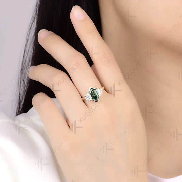 Kuololit 2.5CT Elongate Hexagon Cut Cyan Moissanite Ring for Women Solid 14K 10K 585 Yellow Gold  for Christmas Gifts Engagement