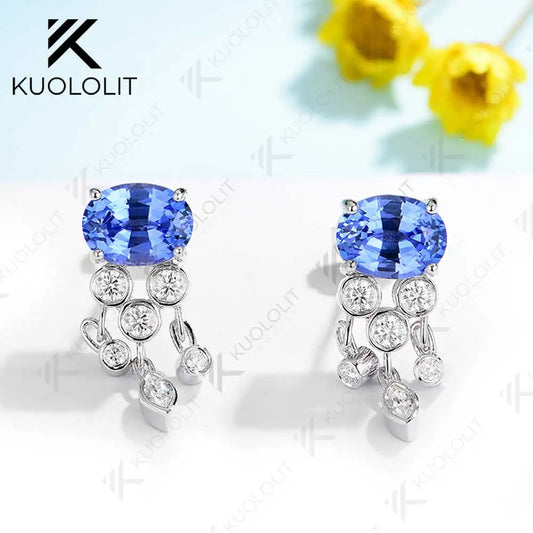 Kuololit 3.7ctw Lab Grown Blue Sapphire Wiht Moissanite  Stud Earrings for Women Solid 14K 10K 585 Gold  Earrings for Christmas