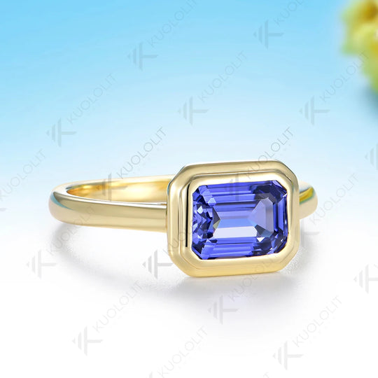 Kuololit 3CT Lab Grown Sapphire Bezel Set Ring for Women Solid 14K 10K585 Yellow Gold Engagement Ring for Christmas Gift Party