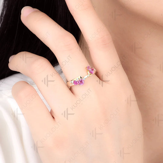 Kuololit Lab Grown Pink Sapphire Moissanite Ring for Women Men Solid 10K 14K Yellow Gold for Anniversary Christmas Gifts Party