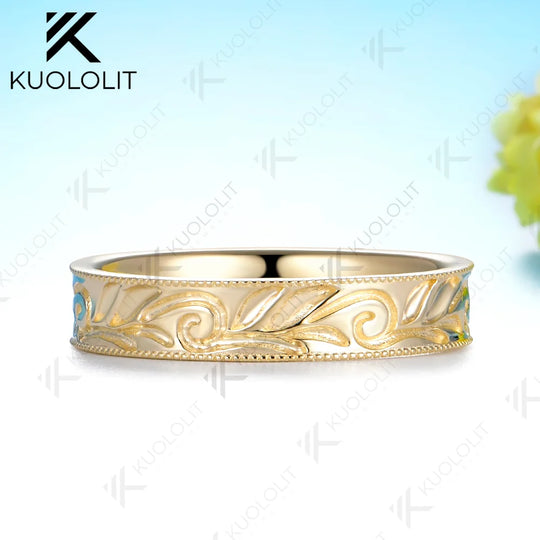 Kuololit Leaves 4MM Band Custom Ring for Women Solid 14K 10K Yellow Gold Wedding Band Ring for Christmas Gifts Party Anniversary