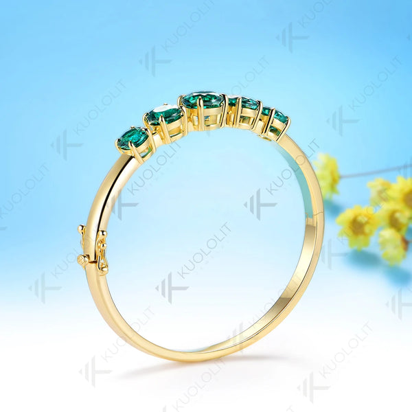 Kuololit 6CTW Round Lab Grown Emerald Custom Bangle for Women Solid 10K Yellow Gold Round Bracelet for Engagement Christmas Gift
