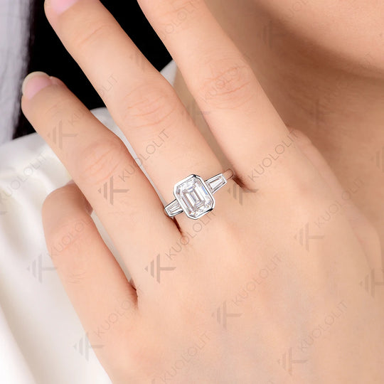 Kuololit 3CT Emerald Cut Cyan Moissanite Engagement Ring for Women Solid 14K 10K 585 Yeollw Gold Ring for Christmas Gifts Engagement