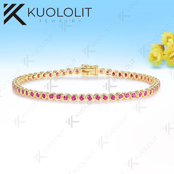 Kuololit Lab Grown Ruby Emerald Sapphire Moissanite Round 2.0MM Bracelet for Women Solid 14K 10K 585 Round D VVS1 Bracelet for Christmas