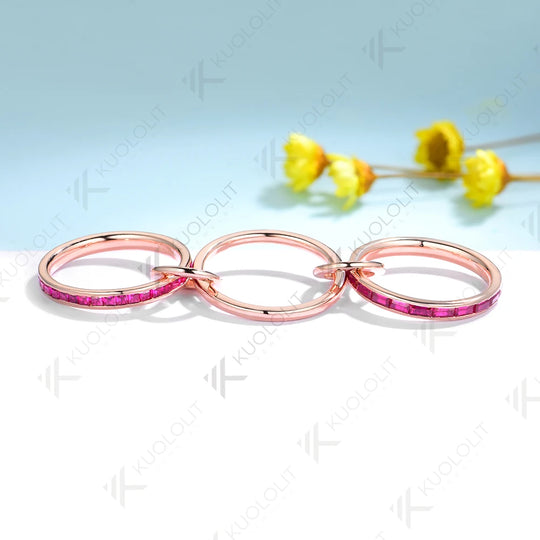 Kuololit 4.6CTW Lab Grown Ruby Stackable Engagement Rings for Women Solid18K14K 585 Rose Gold Bezel Set Band for Christmas Gifts