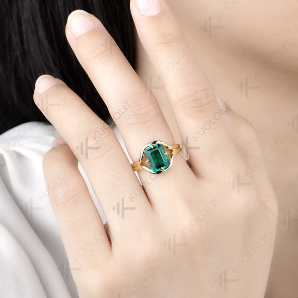 Kuololit 3CT Lab Grown Emerald Custom Ring for Women Solid 14K Yellow Gold Gemstone Ring for Anniversary Christmas Gifts Party