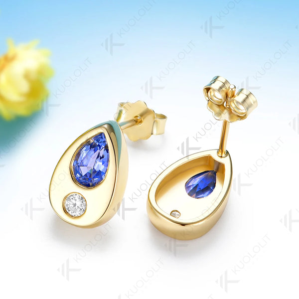 Kuololit Lab Grown Sapphire Diamonds Earrings for Women Solid 14K 10K 585 Yellow Gold Stud Earring for Christmas Gifts New