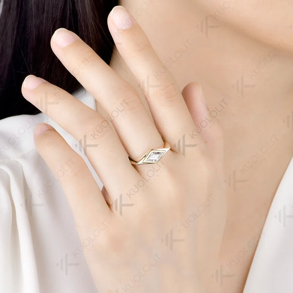 Kuololit 0.9CT Rhombus Cut Moissanite Custom Set Ring for Women Solid 14K 10K 585 Yellow Gold Engagement Ring for Christmas Gift