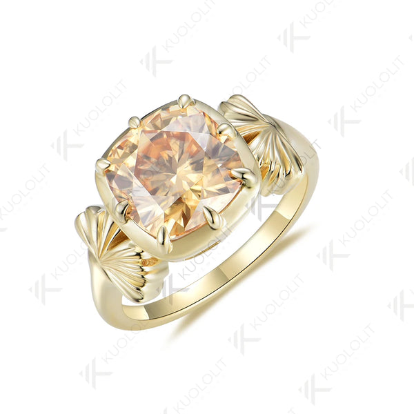 Kuololit 3.5ct Champagne Moissanite Ring for Women 585 14K 10K Yellow Gold Cushion Solitaire Halo Ring for Engagement Christmas