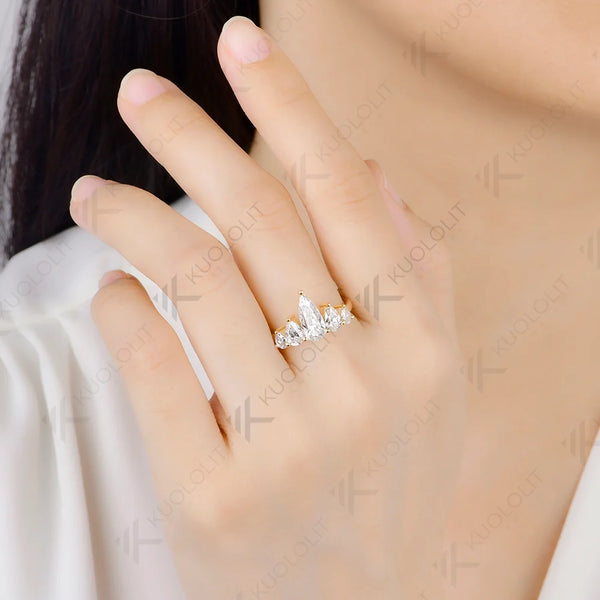 Kuololit 3.1CTW Pear Cut Moissanite Custom Ring for Women Solid 14K 10K 585 Yellow Gold Wedding Band Ring for Christmas Gifts