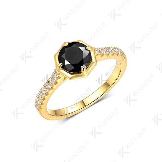 Kuololit 1CT Black Moissanite Engagement Ring for Women Solid 18K 585 Yellow Gold Round Cut Moissanite Bands Ring for Christmas