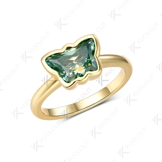 Kuololit 2CT Butterfly Cyan Moissanite Ring for Women Solid 14K 10K Yellow Gold Animal Cut Engagement for Christmas Gifts Party