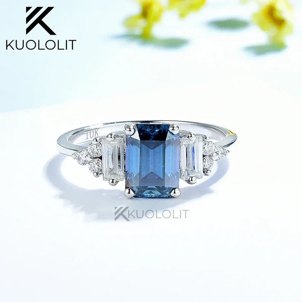 Kuololit 1CT Emerald Cut Blue Moissanite Ring for Women Solid 14K 10K White Gold