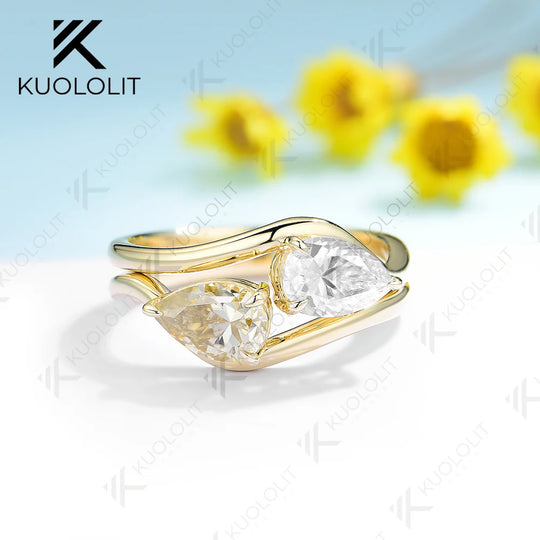 Kuololit 3.0ctw Pear Moissanite Engagement Ring for Women Solid 18K 14K 10K 585 Yellow Gold Double Set Ring for Christmas Gifts