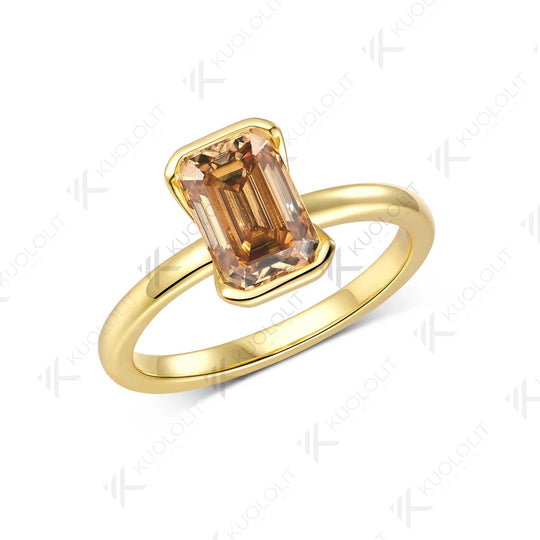 Kuololit 2.5CT Champagne Moissanite Ring for Women Solid 14K 10K Yellow Gold Engagement emerald Cut for Christmas Gifts Party
