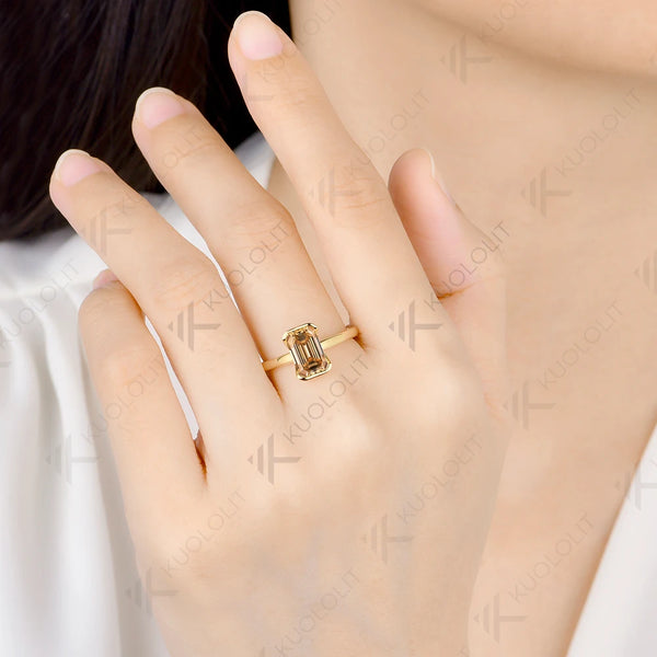 Kuololit 2.5CT Champagne Moissanite Ring for Women Solid 14K 10K Yellow Gold Engagement emerald Cut for Christmas Gifts Party