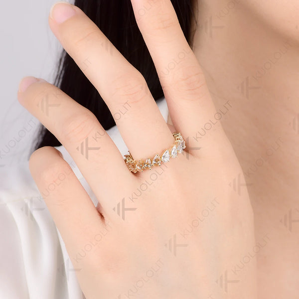 Kuololit 7CTW Half Champagne Moissanite Pear Ring for Women Solid 14K 10K 585 Gold Eternity Full Band for Christmas Gifts Party