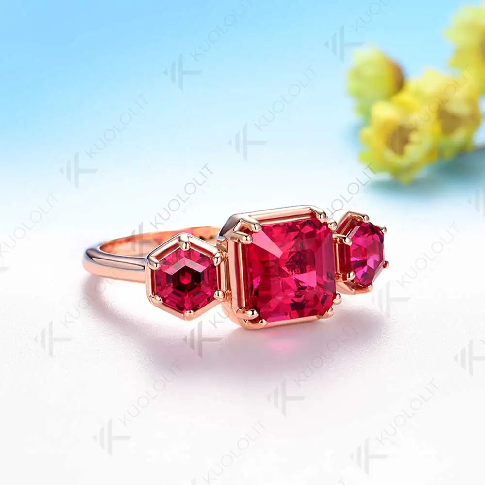 Kuololit 3.8CTW Lab Grown Ruby Rings for Women Solid 10K 585 Yelllow Gold Asscher Ring for Engagement Anniversary Christmas Gift