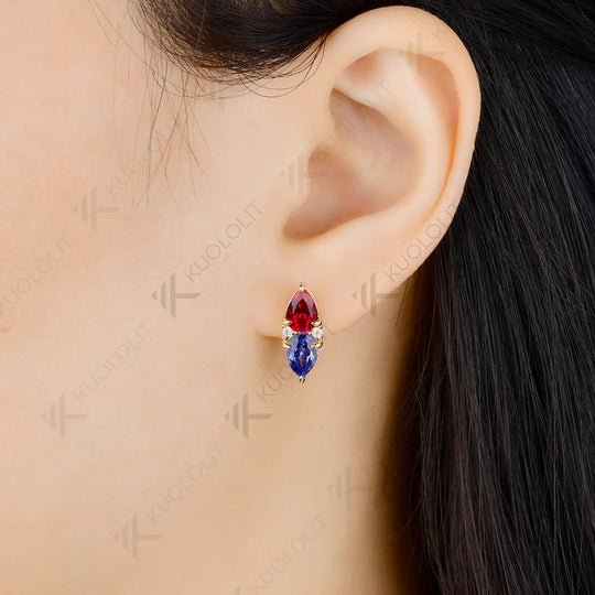 Kuololit 5CTW Lab Grown Ruby Sapphire Custom Clip Earrings for Women Solid 14K 10K 585 Yellow Gold Pear Cut for Christmas Gifts