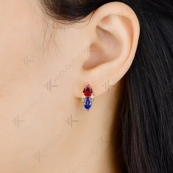 Kuololit 5CTW Lab Grown Ruby Sapphire Custom Clip Earrings for Women Solid 14K 10K 585 Yellow Gold Pear Cut for Christmas Gifts