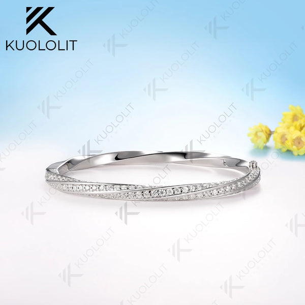 Kuololit Moissanite Bangle for Women Solid 10K Yellow Gold Oval Shaped Round Bracelet for Engagement Trendy Christams Gift