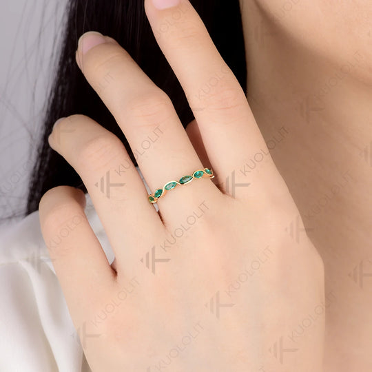 Kuololit 0.7CTW Lab Grown Eemrald Ring for Women Solid 14K 10K 585 Yellow Gold  Eternity Half Band for Christmas Gifts Party