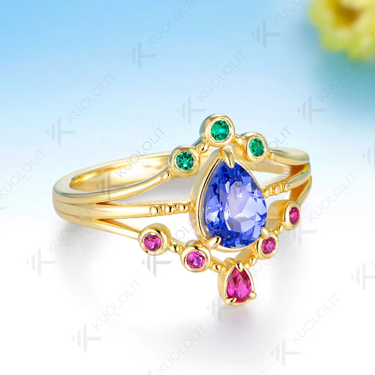 Kuololit Lab Grown Sapphire Ruby Emerald Gemstone Ring for Women Solid 14K 10K Yellow Gold Engagement for Christmas Gifts Party