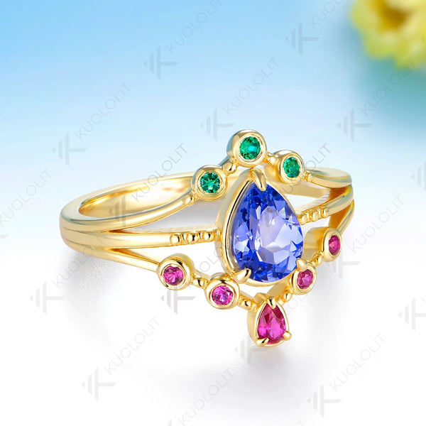 Kuololit Lab Grown Sapphire Ruby Emerald Gemstone Ring for Women Solid 14K 10K Yellow Gold Engagement for Christmas Gifts Party