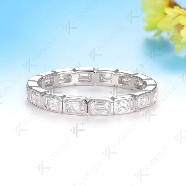 Kuololit 2.4CTW Moissanite Ring for Men Women Soild 14K 10K White Gold Bezel Set Emerald Cut Wedding Band for Christmas Gifts