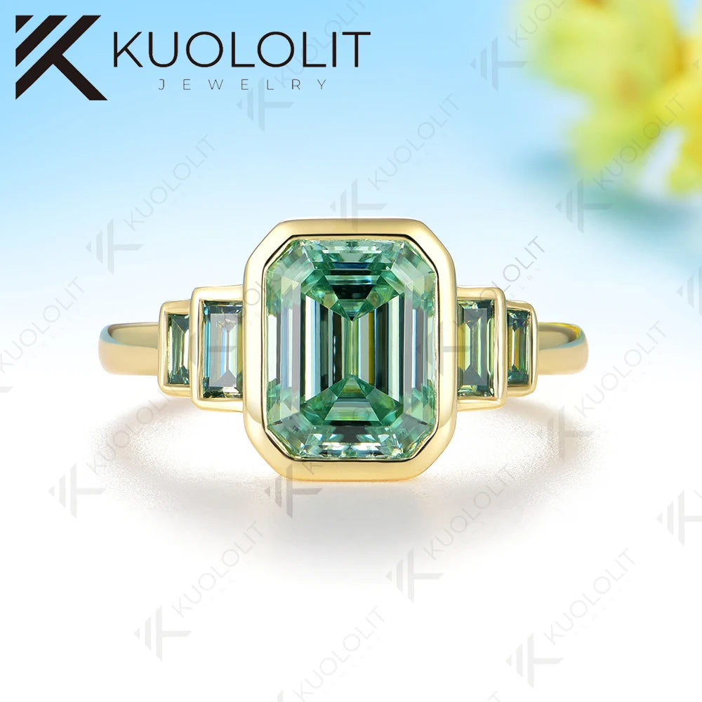 Kuololit 3CT Cyan Moissanite Ring for Women Solid 14K 10K Gold Emerald Cut Ring for Christmas Gifts Party Engagement Wedding
