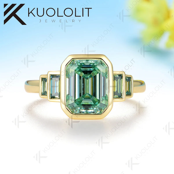 Kuololit 3CT Cyan Moissanite Ring for Women Solid 14K 10K Gold Emerald Cut Ring for Christmas Gifts Party Engagement Wedding