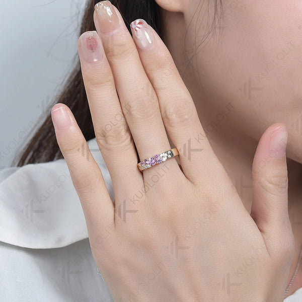 Kuololit 0.7CTW Lab Grown Pink Sapphire Bnad for Men Women DLab Gronw Diamond D VS1 Ring  Round Cut for Wedding Christmas Gift