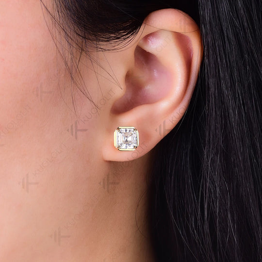 Kuololit 3CTW Asscher Cut Moissanite Earrings for Women Solid 18K 14K 10K Gold Stub Earrings for Anniversary Engagement Gifts