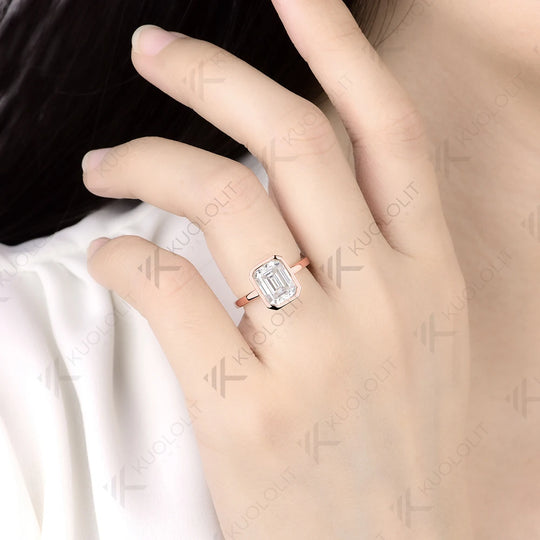 Kuololit 3ct Emerald Cut Europe Shank Custom Ring for Women Solid 14K 10K 585 Rose Gold Engagement Ring for Christmas Gift Party