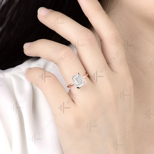 Kuololit 3ct Emerald Cut Europe Shank Custom Ring for Women Solid 14K 10K 585 Rose Gold Engagement Ring for Christmas Gift Party