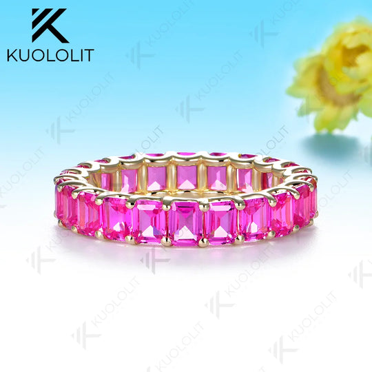 Kuololit 6.6CTW Lab Grown Pink Sapphire Custom Ring for Women Solid 14K 10K 585 Yellow Gold Full Eternity Band for Christmas