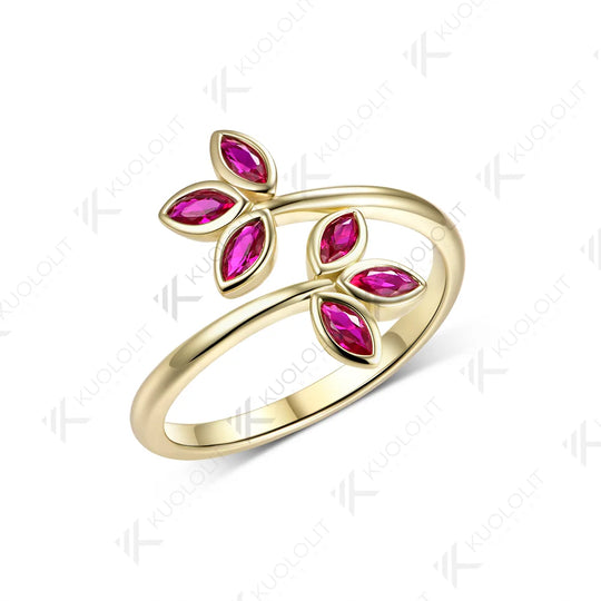 Kuololit Lab Grown Ruby Leaf Custom Ring for Women Solid 14K 10K 585 Yellow Gold Engagement Ring for Christmas Gift Party Luxury