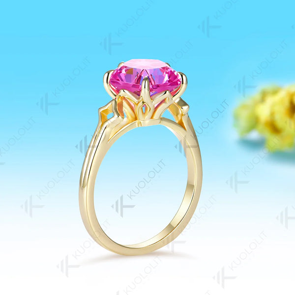 Kuololit 5CT Lab Grown Pink Sapphire Custom Ring for Women Solid 14K 10K 585 Yellow Gold Sakura Cut for Christmas Gift Party
