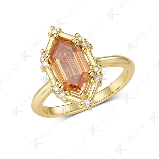 Kuololit 2.5CT Champagne Moissanite Elongate Hexagon Cut Custom Ring for Women Solid 14K 10K 585 Yellow Gold for Christmas Gifts