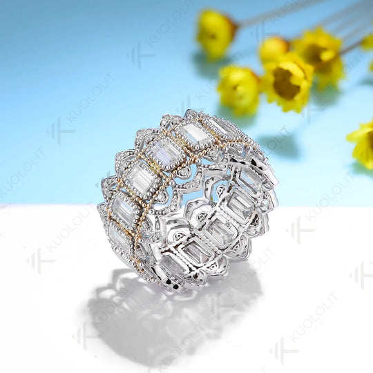 Kuololit Moissanite Band Rings for Women Men Solid 18K 14K 10K 925 Silver Two Tone Color Yellow Gold  for Anniversary Engagement