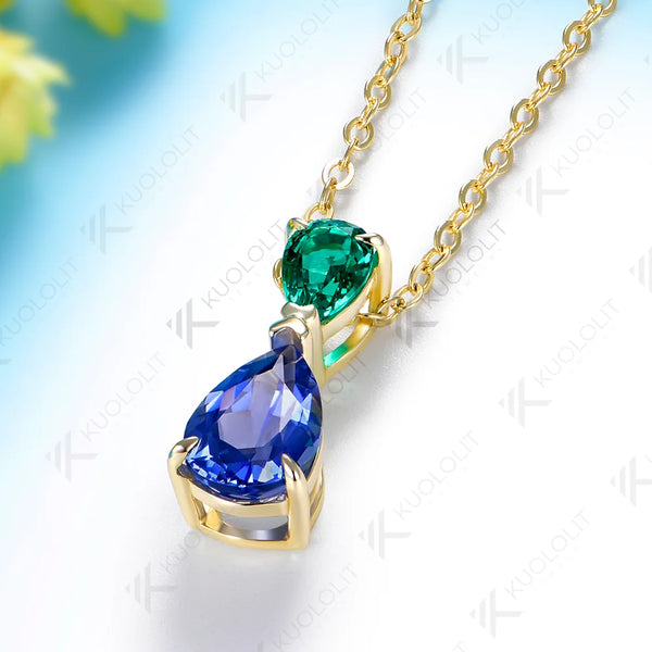 Kuololit 2CTW Lab Grown Emerald Sapphire Necklace for Women Solid 14K 10K Yellow Gold Custom Necklace for Christmas Anniversary