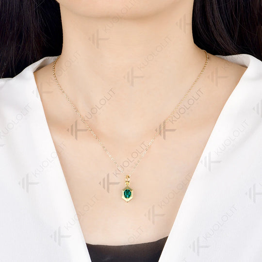 Kuololit 1CT Each Lab Emerald Hexagon Cut Custom Necklace for Women Solid 585 14K 10K Yellow Gold Necklace for Christmas Gift