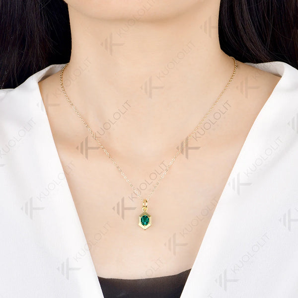 Kuololit 1CT Each Lab Emerald Hexagon Cut Custom Necklace for Women Solid 585 14K 10K Yellow Gold Necklace for Christmas Gift