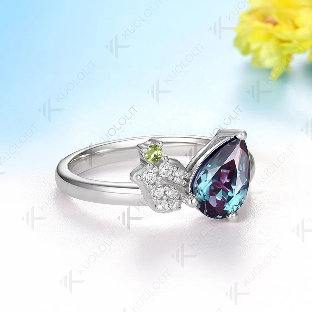 Kuololit 1.5CT Lab Grown Alexandrite Diamond  Rings for Women Solid 18K 14K 10K 585 White Gold Peridot  Ring for Christmas Gifts