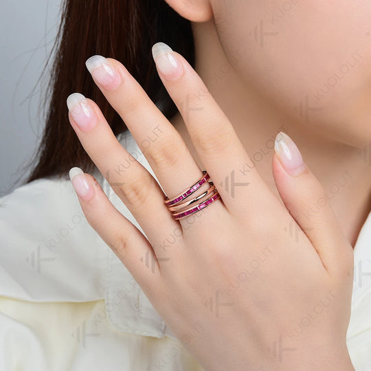 Kuololit 4.6CTW Lab Grown Ruby Stackable Engagement Rings for Women Solid18K14K 585 Rose Gold Bezel Set Band for Christmas Gifts