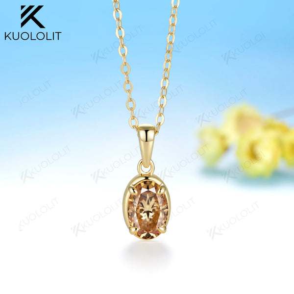 Kuololit 1.8CT Champagne Moissanite Necklace for Women Solid 14K 10K Yellow Gold Oval Cut Necklace for Engagement Christmas Gift