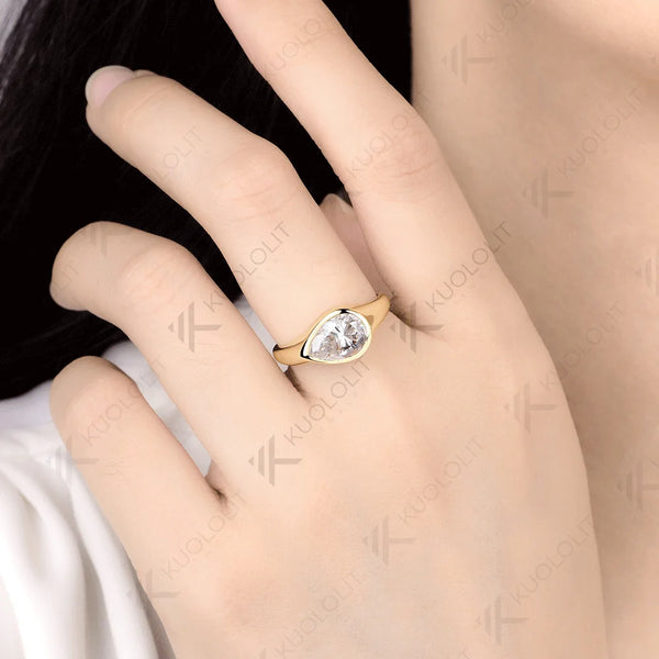 Kuololit 2CT Pear Cut Moissanite Ring for Women Solid 14K 10K 585 Yellow Gold Engagement Ring for Anniversary Christmas Gifts
