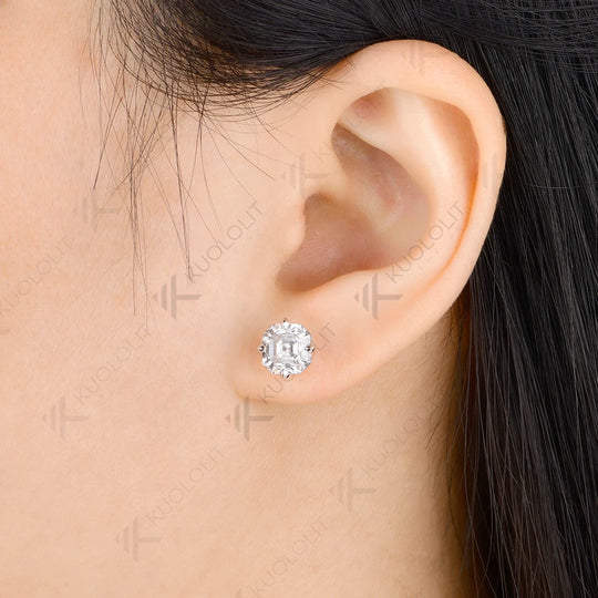 Kuololit 4CTW Asscher Cut Cyan Moissanite Stud Earrings for Women Solid 14K 10K 585 Gold Earrings for Engagement Wedding Christmas