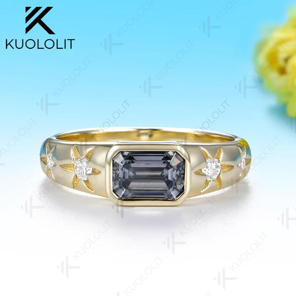 Kuololit 1CT Grey Moissanite Emerald Cut Custom Ring for Women Solid 14K 10K Yellow Gold Engagement Ring for Christmas Party