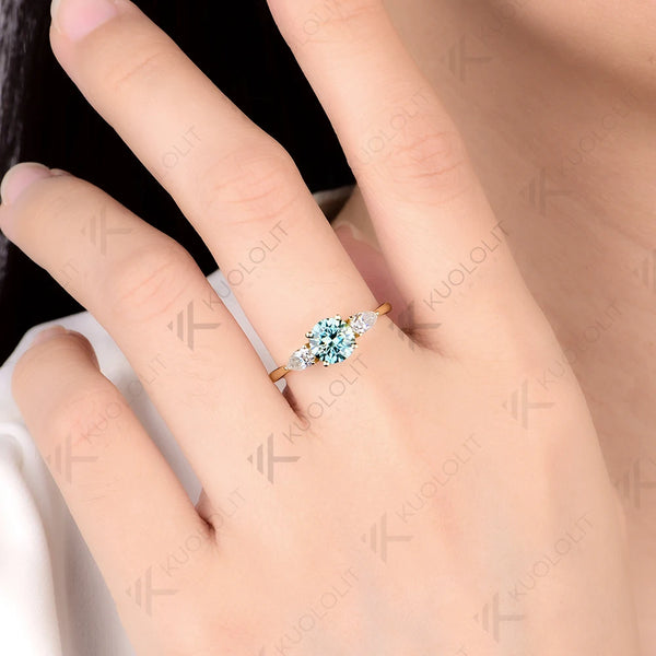 Kuololit 1CT Round Cyan Moissanite Engagement Ring for Women Solid 14K 10K 585 Yellow Gold Ring for Christmas Gifts Party